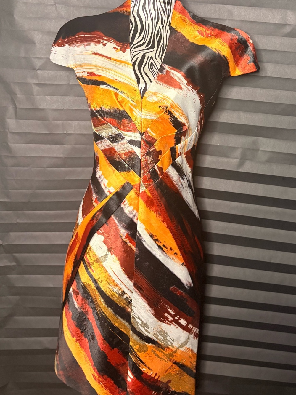 Rubin Singer Bold Abstract Print Sheath  Dress- Orange & Black 100% Silk